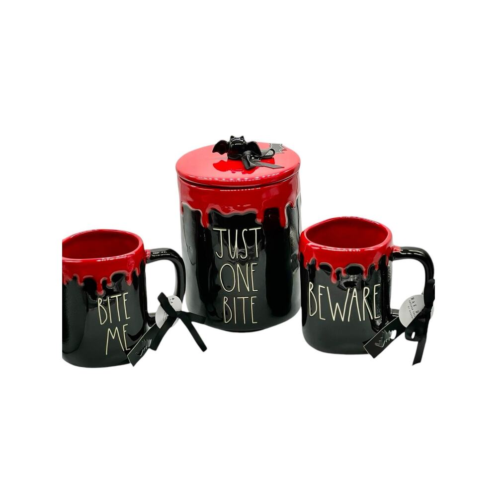 NWT Rae Dunn Halloween Canister and Mugs Set -"Just One Bite" "Beware" “Bite Me”